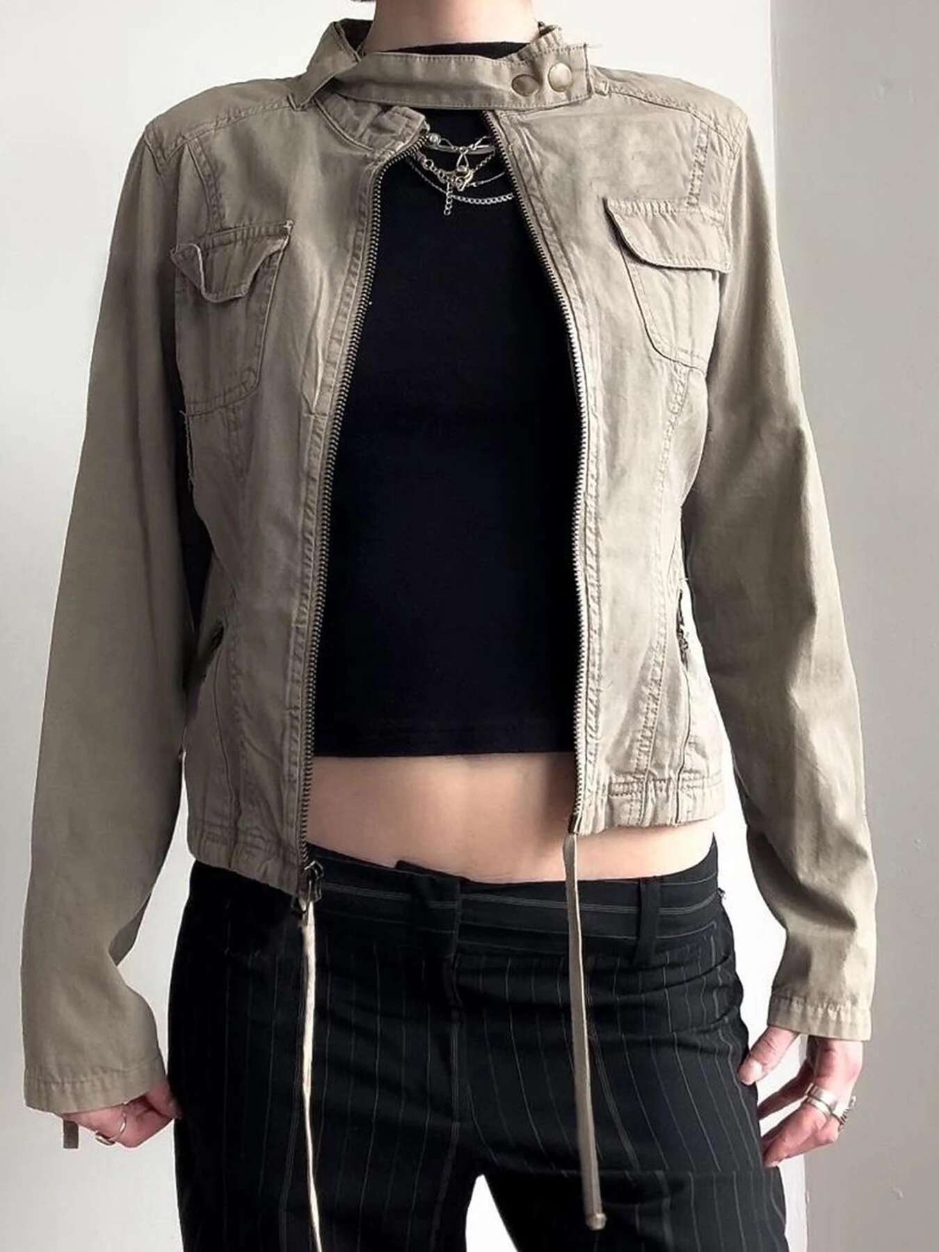 IAMSURE Safari Style Big Pockets Zipper Jackets Casual Solid Turtleneck Long Sleeve Coats Women 22024 Autumn Winter Fashion Lady