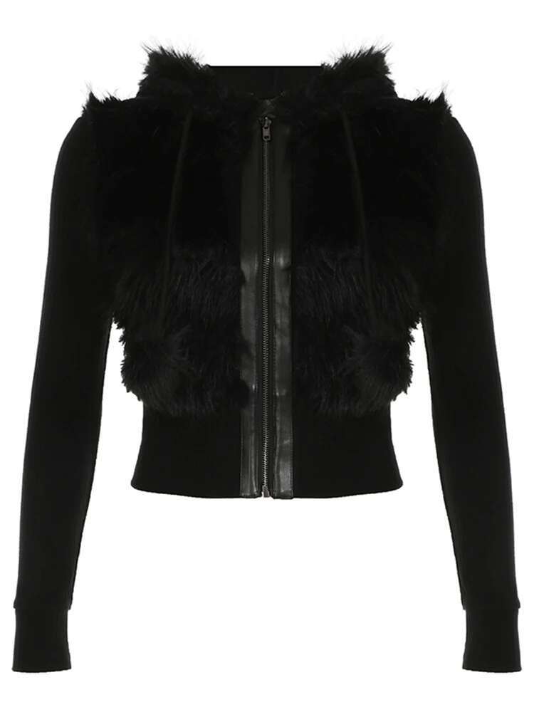 Cuteandpsycho Zip Up Fur Patchwork Drawstring Hoodie Coats Solid Vintage Winter Women's Jackets Casual Streetwear Basic Clothes