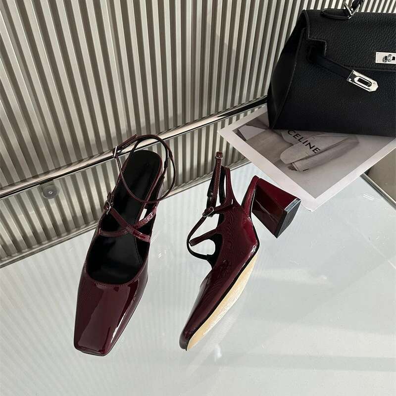Fashion square toe women pumps buckle strap chunky heel dress shoes