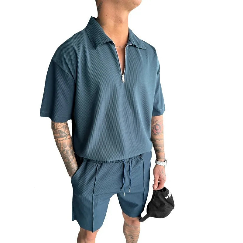 Summer Mens Suits Zipper Polo Casual Short Sleeve Drawstring Shorts Set 250219