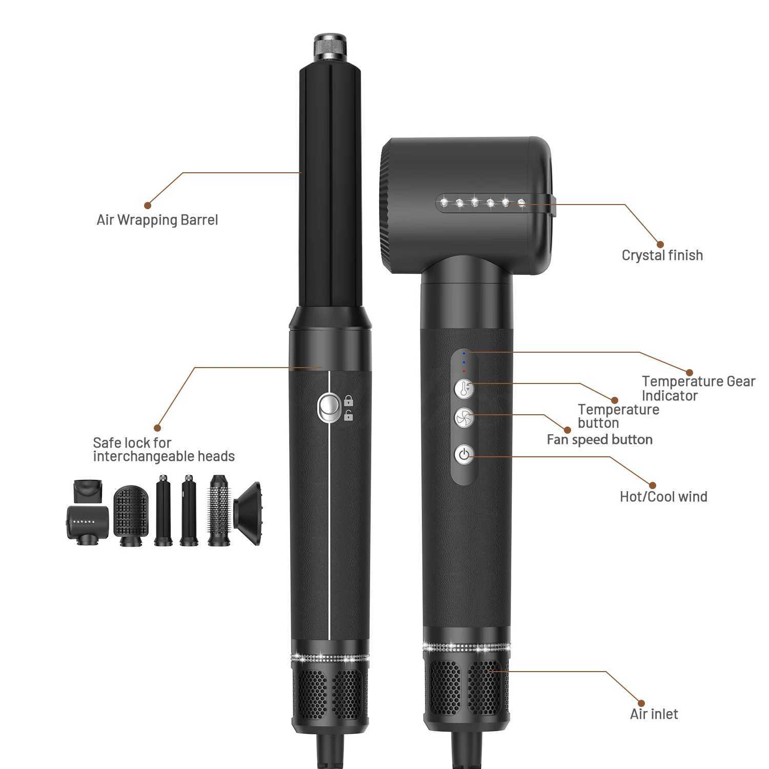 Brushless High Speed Hair Dryer 7 In 1 Hair Dryer Brush with Diffuser Ionic Blow Dryer Hot Air Styling Comb Auto Hair Curler M250219