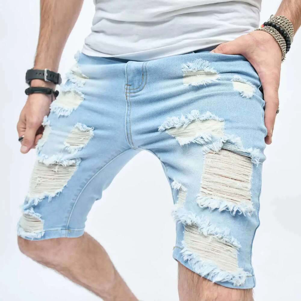 Ripped Shorts Men Summer Streetwear Slim Fit Ripped Denim Shorts Stylish Holes Solid Casual Straight Jeans Male Five-Point Pants