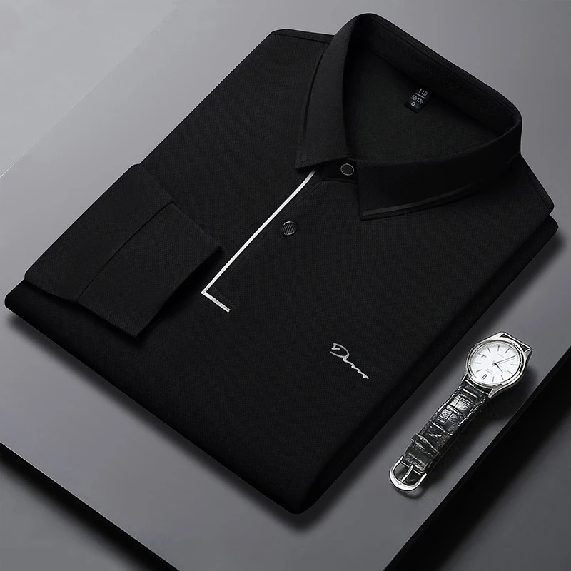 Mens Business Casual Long Sleeved Shirt with Badge Solid Color Polo Fashionable Breathable Comfortable Versatile Top y250213