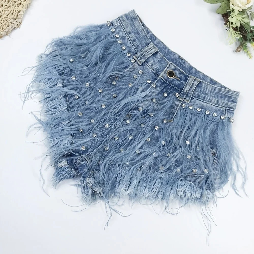 Rhinestone Beaded Exquisite Feather High Waist Denim for Womens Blue Jeans Shorts DS Nightclub Sexy Pants Fashion 250217
