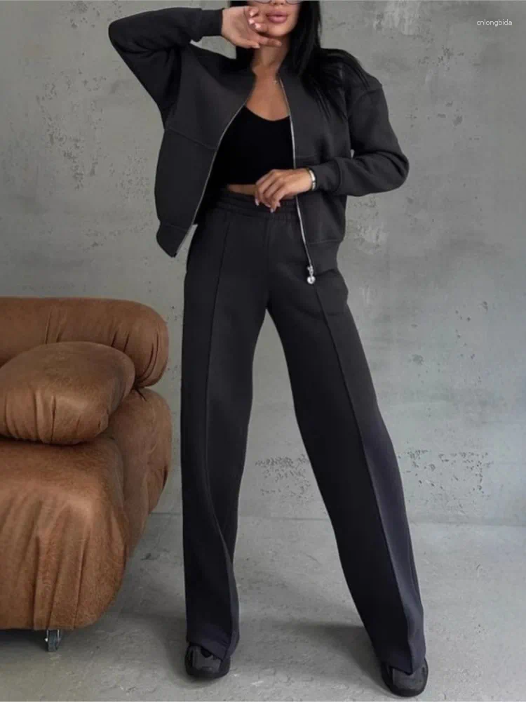 Womens Two Piece Pants Autumn Winter Female Loose Tracksuit Zipper Sweatshirt Coat Straight Pant Sports Suit Solid Color Casual Comfortable