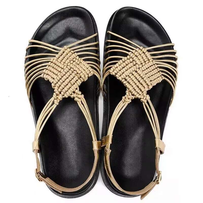 Summer woven beach women sandals buckle strap slides