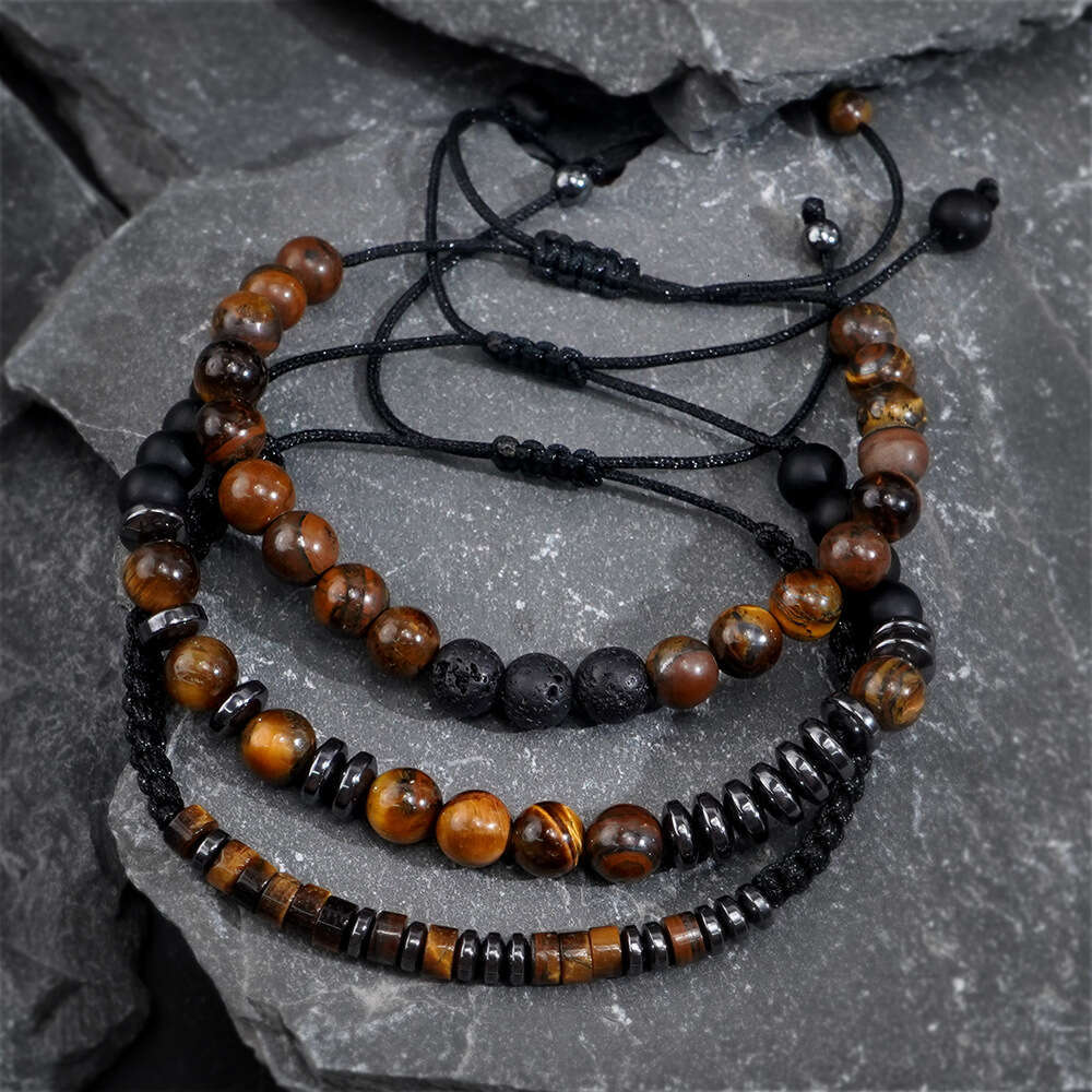 New Tiger Eye Volcanic Natural Stone Beaded Men's Bracelet 3-Piece Set