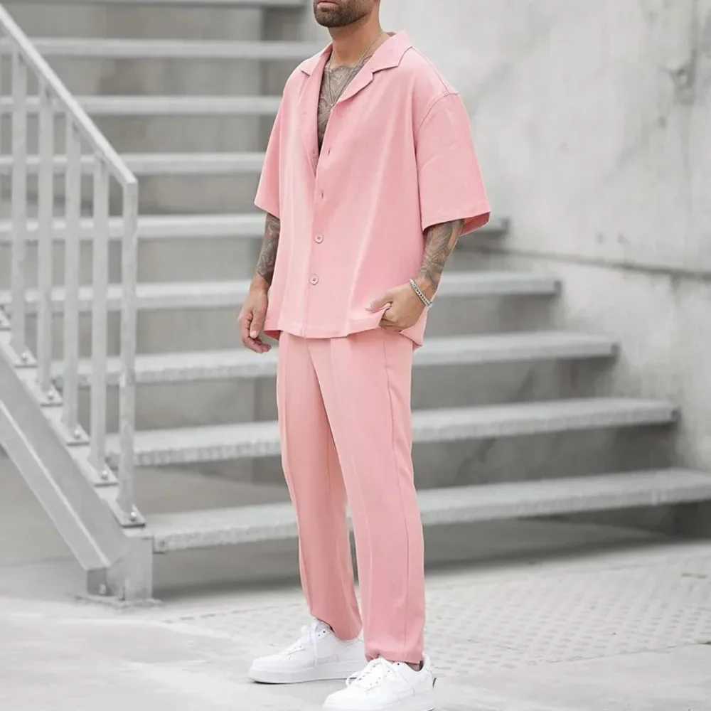 Summer Fashion Shirts and Pants Two-piece Mens Sets New Trend Solid Color Male Suit Pink Large Size Sweatshirts Ropa HombreXJ250218