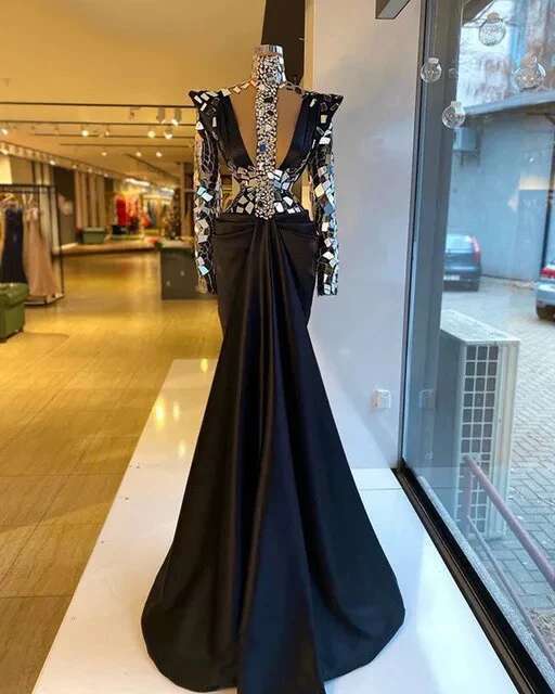 Sexy Black Prom Dresses Mermaid Beads Crystal Long Sleeves Dubai Formal Evening Party Night Gown Customized