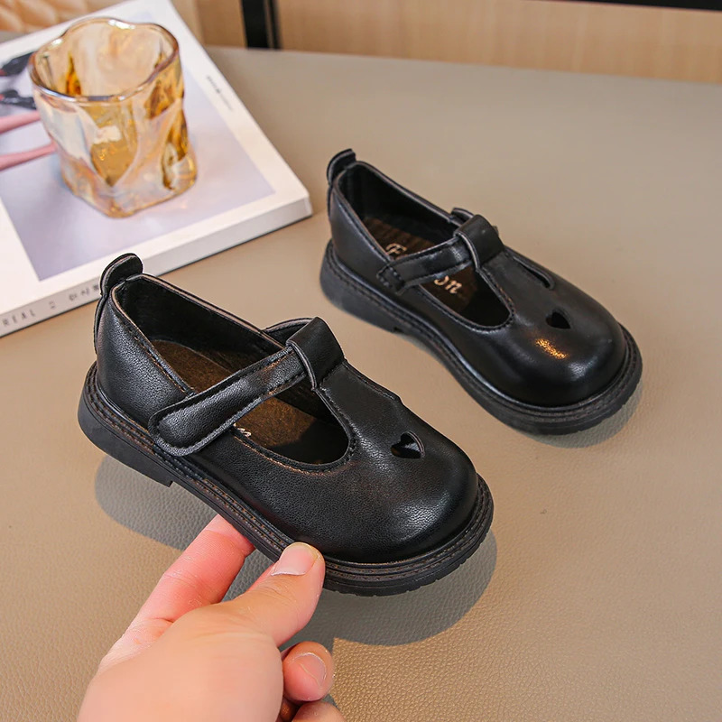 Girls Princess Leather Shoes Toddlers Baby Kids Flats T-strap Cut-outs with Heart Hollow Cute Sweet Soft Spring Autumn 250219