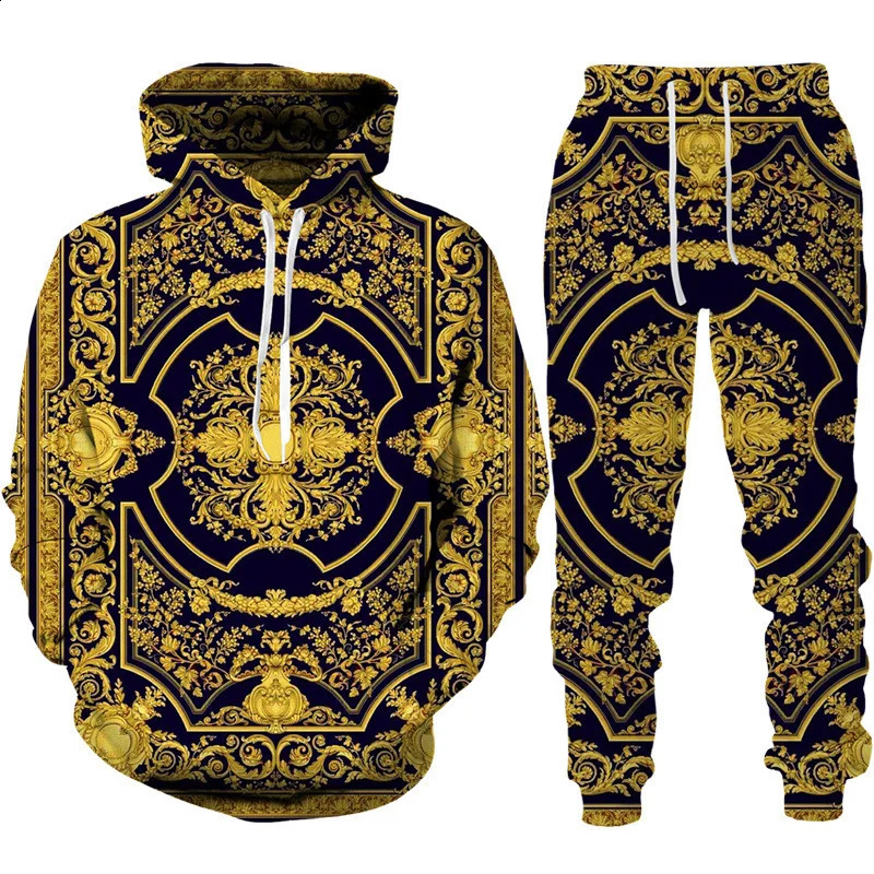 Baroque Court Style Hoodie/Suit Mens Golden Flower 3D Printed Sweatshirt Trousers Set Fashion Unisex Streetwear Clothing 250218