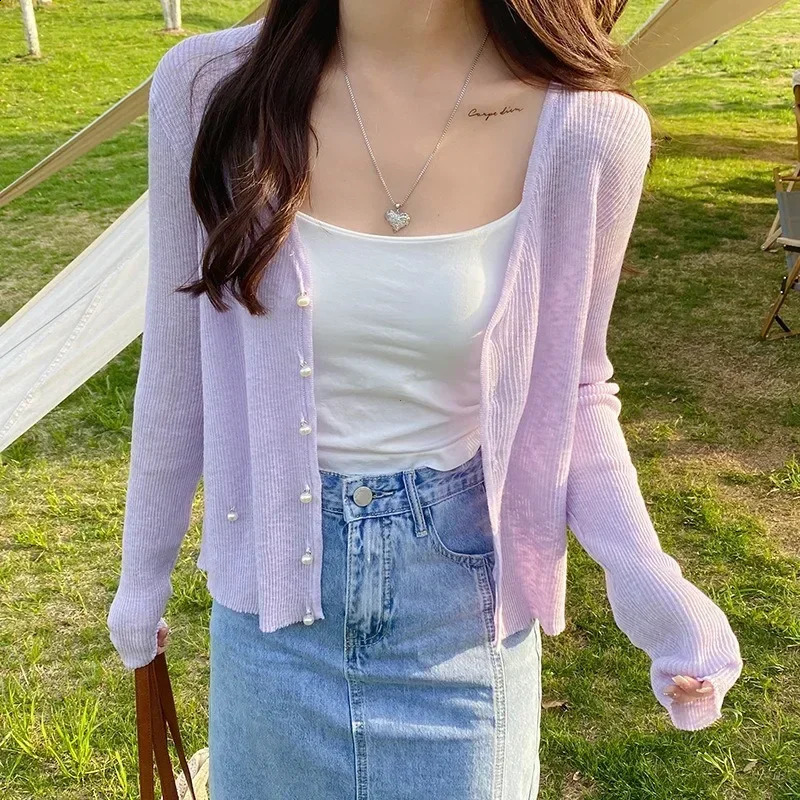 Green Ice Silk Sunscreen Knit Cardigan Outerwear Women Summer Suspender Skirt Outdoor Shawl Air Conditioning Blouse Top Thin 250217