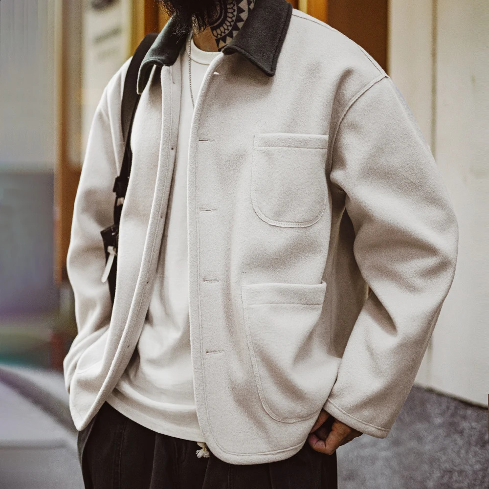 Maden Vintage Heavyweight Woolen Jacket with Contrasting Lapel Loose Fit Warm Outerwear Versatile Coat for Mens Fall and Winter 250214