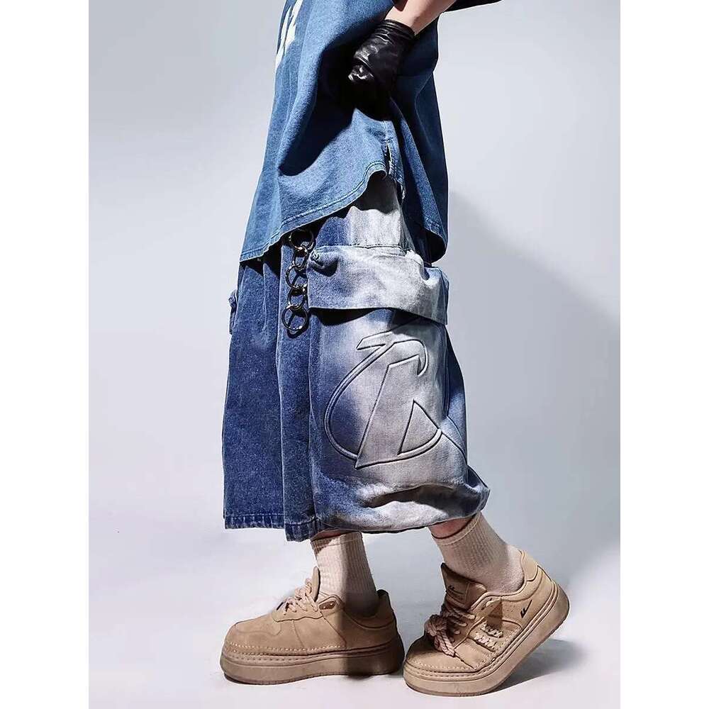 Ripped Shorts Y2k Summer New Mens Loose Retro Hip Hop Wide Leg Sweatpants Oversized Pocket Letter Pattern Denim Gym Shorts Streetwear