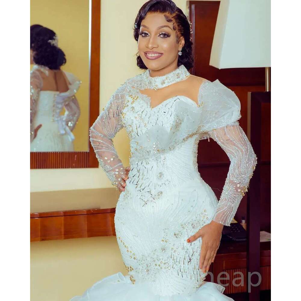Shinny High Neck Appliques Beads Wedding Gown for Bride 2023 Vestido De Novia Long Sleeves Multi-Layered Ruffles Bridal Dresses