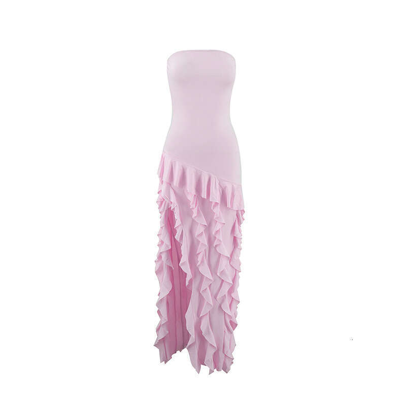 European and American style summer hot item strapless, black fungus edge solid color side slit dress wholesale 2025 temperament versatile new trend cl