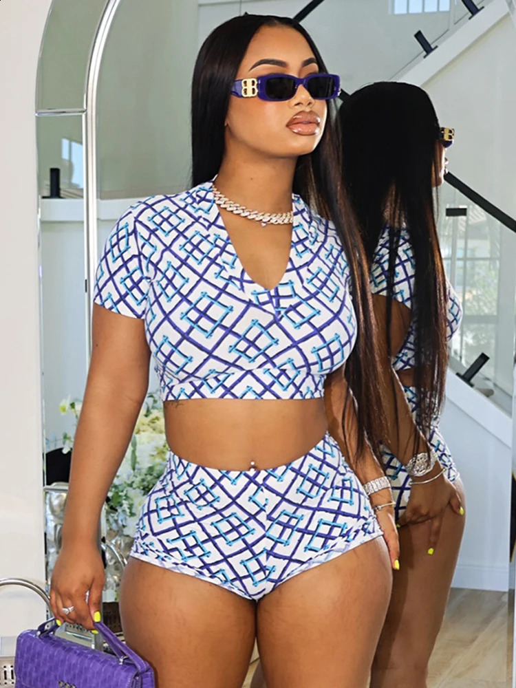 kliou Casual Matching Womens 2 Piece Set Hipster Plaid Print Short Sleeve V-neck TeesSlim Shorts Female Classic Street Outfits 250218