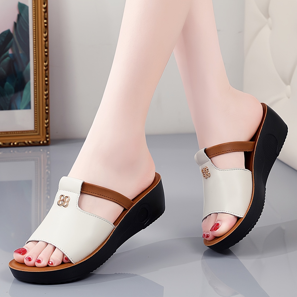 Women's black and brown faux covered wedge sandals - floral embellished open-toed pull-over shoes with comfortable thick soles for casual wear