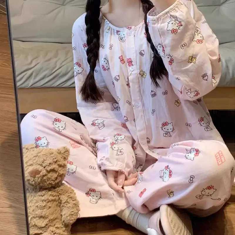 Hello Kittys Womens Pajamas Sanrioed Anime Printed Sleepwear Pants Set Spring Autumn Kawaii Cartoon Soft Casual Girl Loungewear Z250219