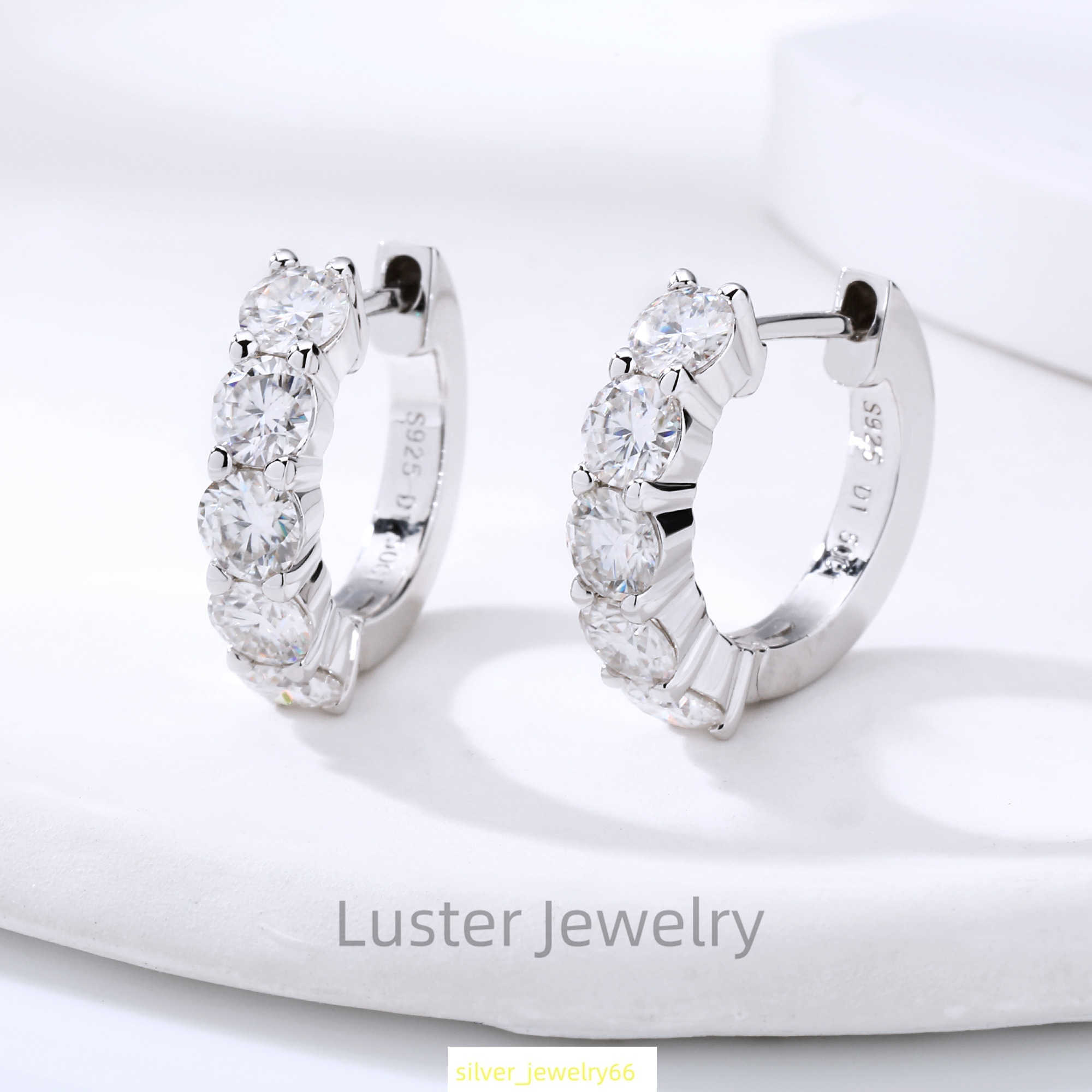 Luster Bling 0.3ct Round Moissanite Diamond Half Eternity Pave Huggie Silver 925 Moissanite Hoop Earrings for Girls