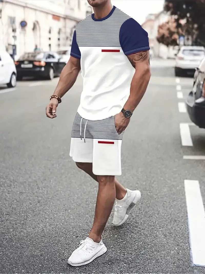 Summer Mens Outdoor Casual T-shirt Two Piece Set Personalized Splicing Color Round Neck Short Sleeve and y2k Shorts SweatshirtXJ250218