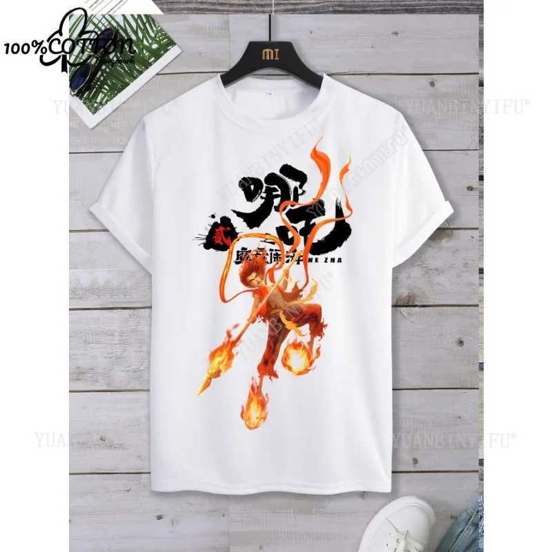 Street Fashion Animation Nezha Devil Child Nao Sea Short sleeved T-shirt Cotton Neutral Summer Cartoon Loose Solid Color S-5XL M250219