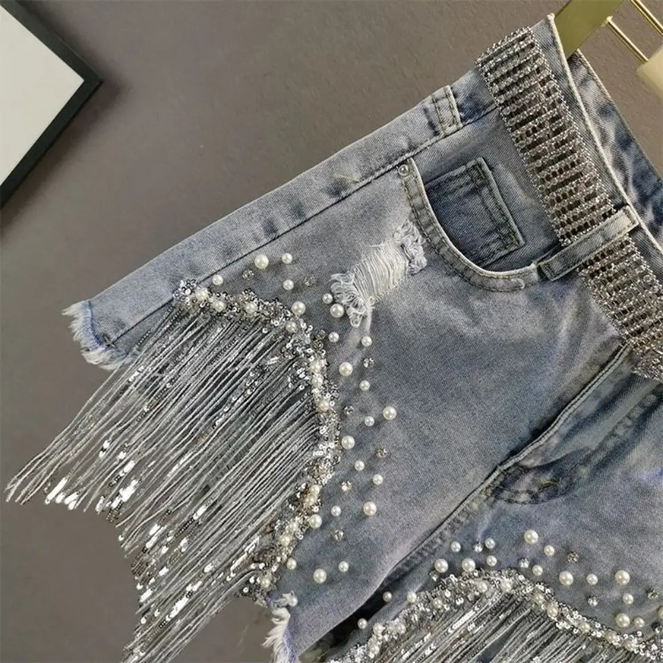 Denim Shorts for Womens Summer and Korean Versions High Waisted and Slim with Holes Studded Sequins Tassels Wide Leg Pants 250217