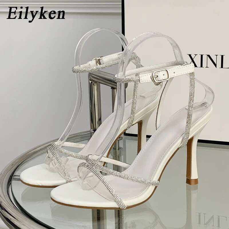Fashion Design CRYSTAL Buckles High Heels Sandals Females Peep Toe Clip-On Strappy Ankle Strap Pole Dancing Women shoes