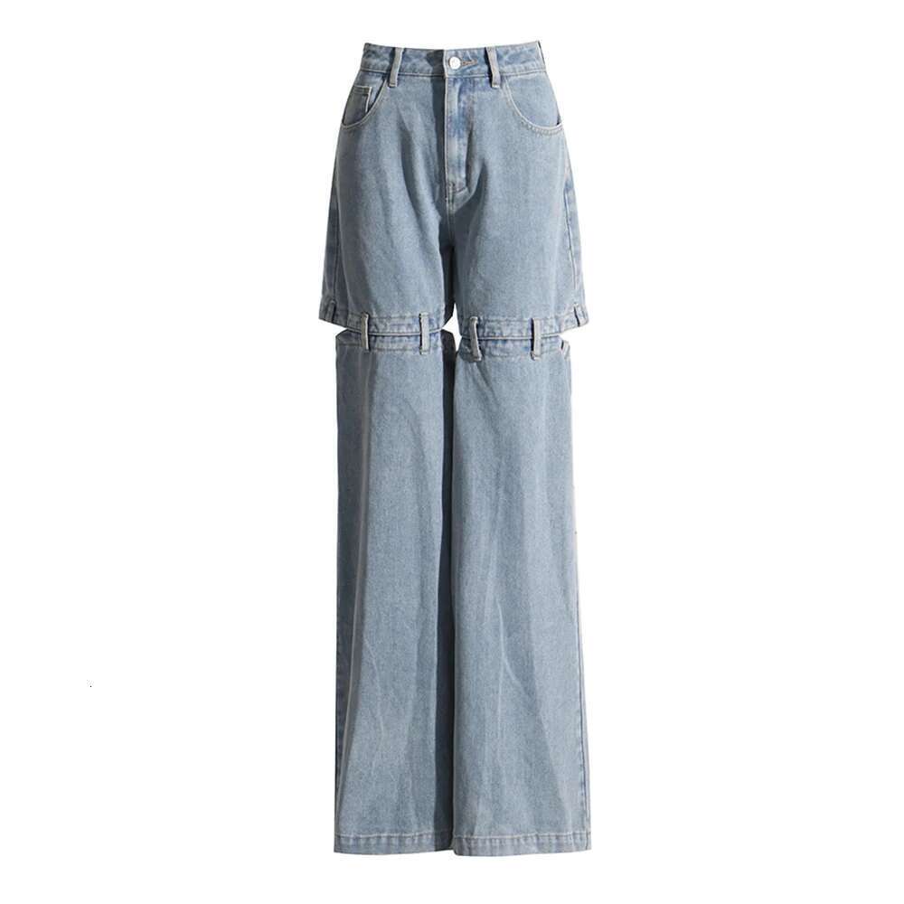Solid Hollow Out Spliced Pockets Jeans For Women High Waist Patchwork Button Minimalist Loose Wide Leg Pants Female Style