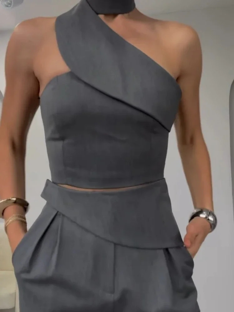 Two Piece Sets Women Pants Set Off Shoulder Sleeveless Short Tops High Waist Party Elegant Work Y2k Straight Long Pants Summer 250218