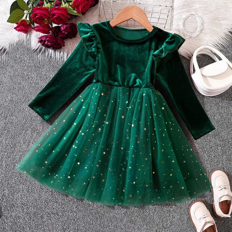 Red/Green Christmas Dress for Girls Winter Sequin Ruffle Long Sleeve Princess Dresses Birthday Party Costume for Kids 3-8 Years 250219
