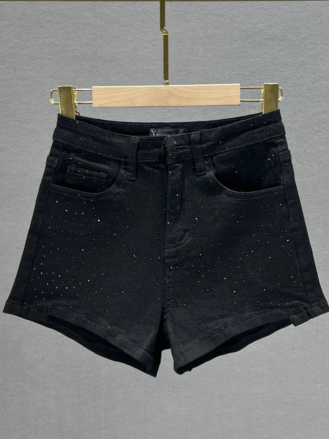 White Rhinestone Denim Shorts for Women Summer Thin Stretch Cotton High Waist Slim Slimming European Pants Jean Shorts 250217