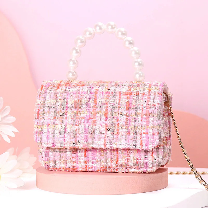 Childrens bag small bag spring and summer girl messenger bag Princess pearl handbag cotton and hemp fashion shoulder bag 250219