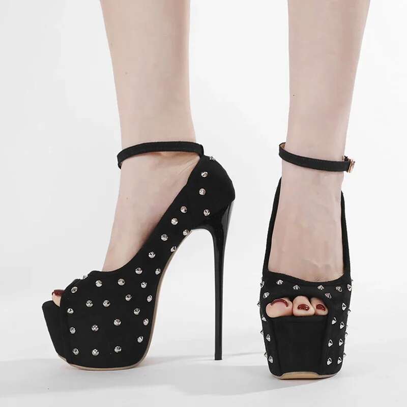 Elegant Super Thin High Heels Women Sandals Design Style Rivet Platform Peep Toe Buckle Strap Nightclub Party Shoes