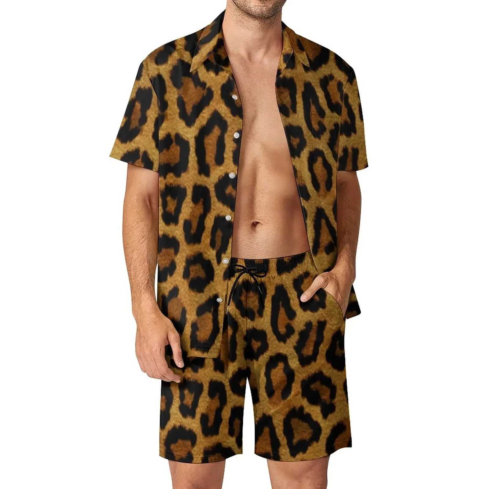 Leopard Animal Pattern Shirt 2Pcs Sets 3D Men Casual Fashion Sleeves Shirts Oversized Beach Shorts Hawaiian Streetwear SuitsXJ250218
