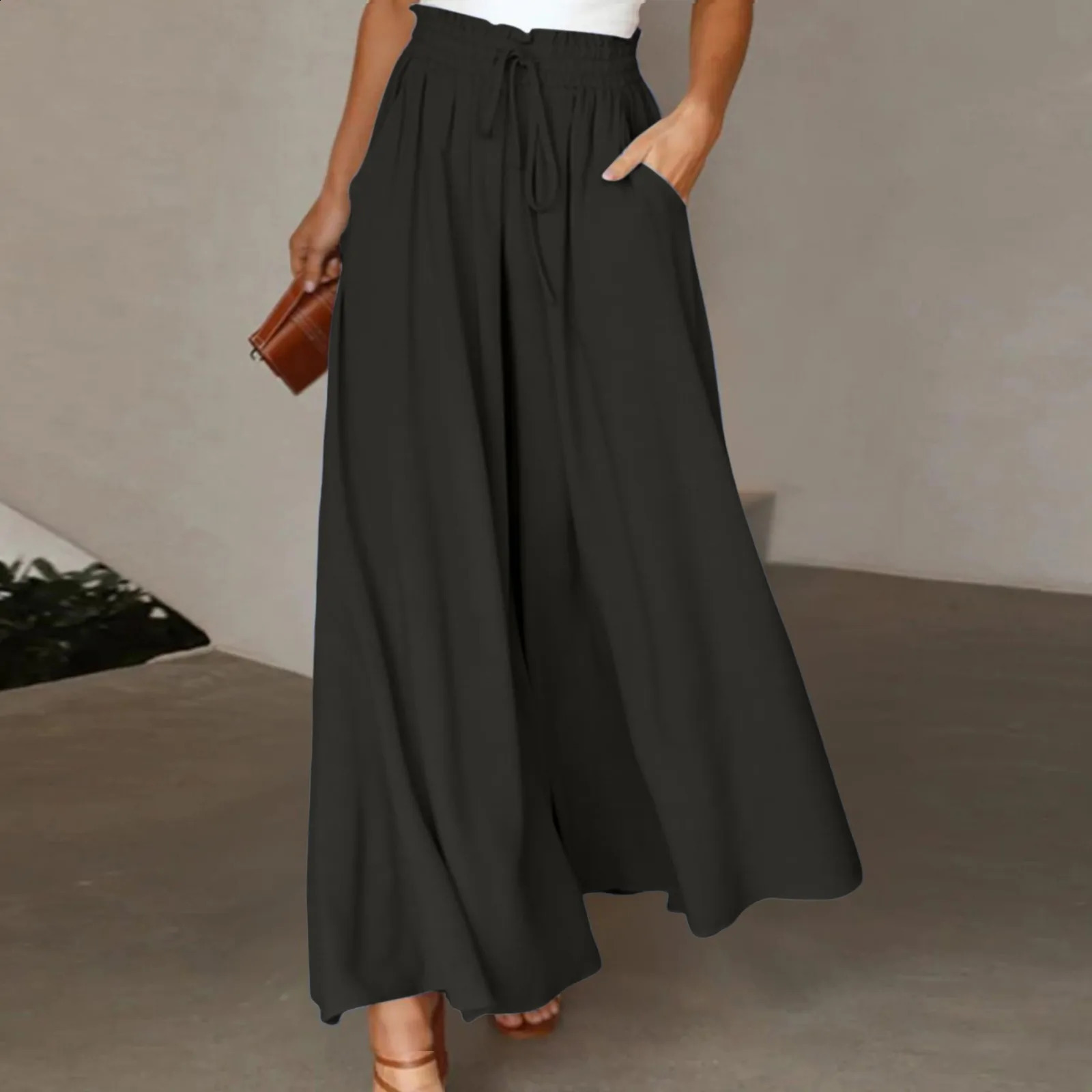 Women Wide Leg Pants Elastic Waist Drawstring Oversized Trousers Korean Fashion Pantalones Y2k Boho Solid Color Beach Pants 250218