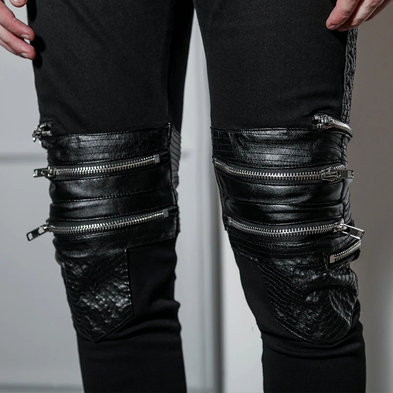 European and American nightclubs hip hop west high street style hip-hop slim fit zipper PU stitching black jeans mens Bri 250218