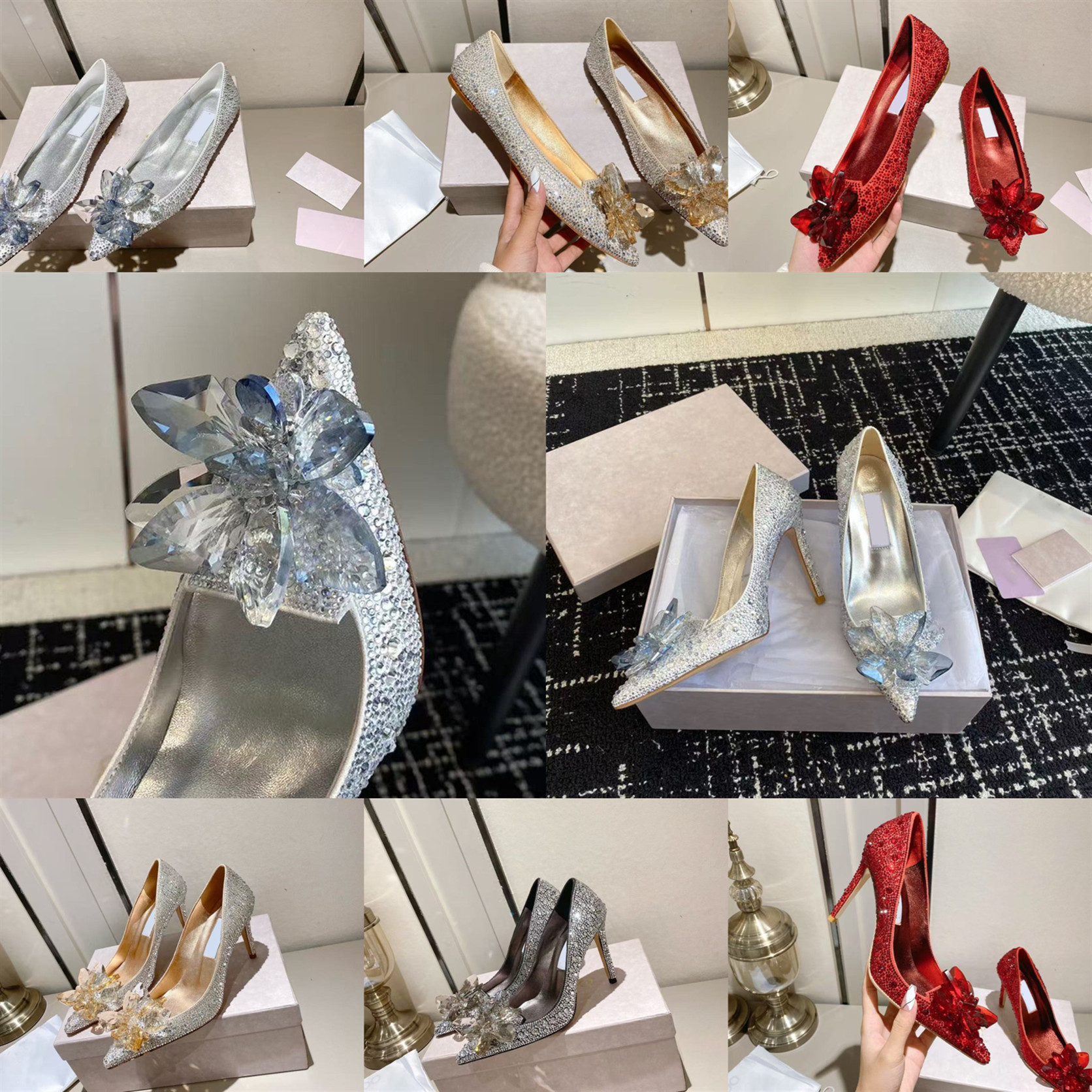 Stiletto Heel Cinderella Shoes Rhinestone High Heels Women Pumps Pointed toe Woman Crystal Party Wedding Shoes Diamond Glitter Bling Flats 5cm/7cm/9cm