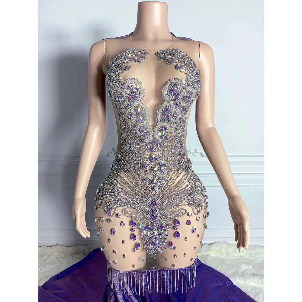 Sparkly Purple African American Long Prom Dresses For Black Girls Mermaid Beaded Crystals Women Party Evening Gown Customized