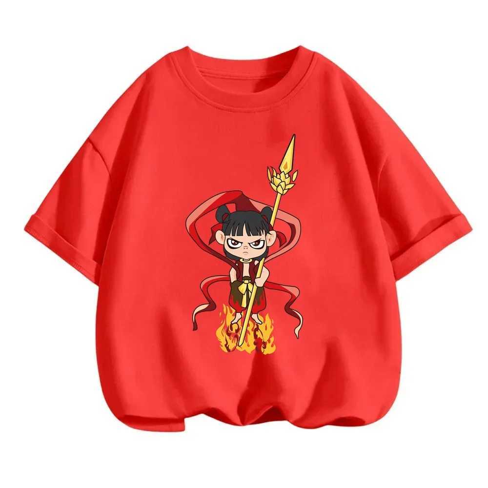 Cute Nezha childrens T-shirt for summer fashion playful Chinese mythological characters for fun suitable for Q-print on O-neck tops M250219
