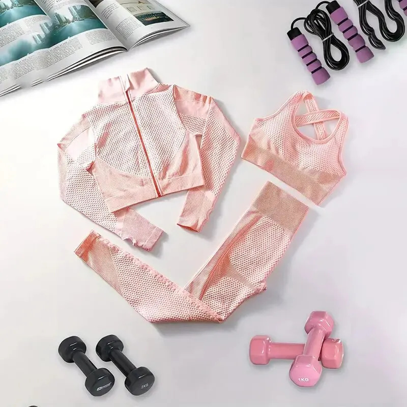 Womens Fitness 3-Piece Breathable Long Sleeve Jacket Hollow Sports Bra High Waist Leg Exercise Yoga Set 250219