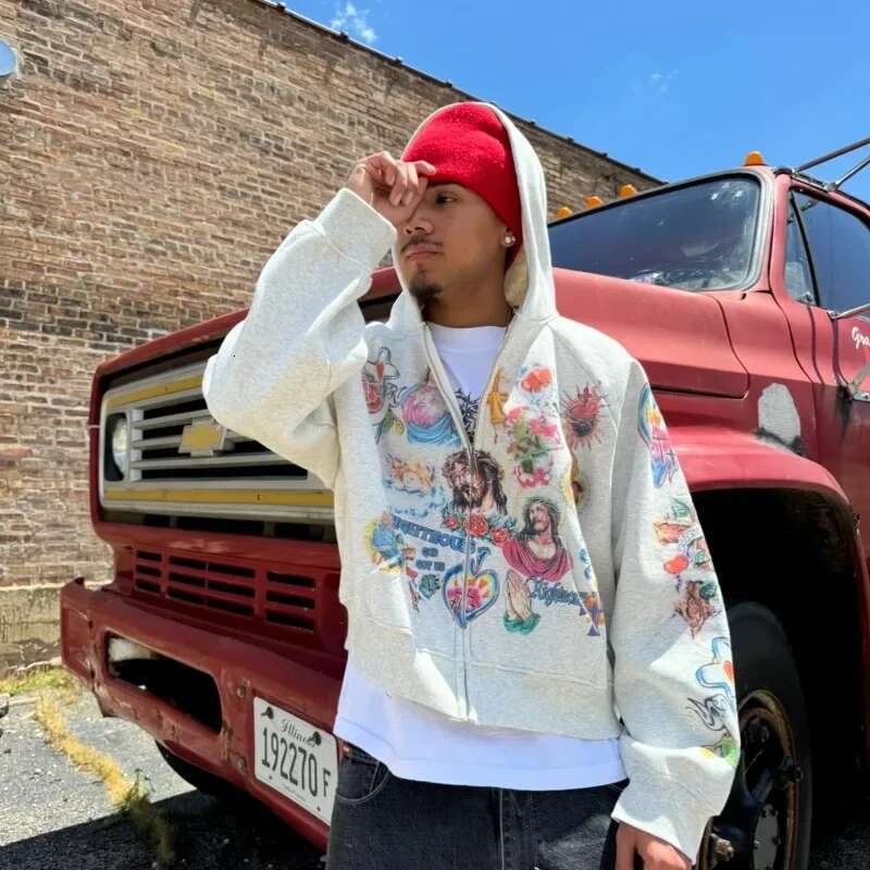 Retro pattern printed loose fitting street clothing Gothic rock Haruku men and women sportswear zip up hoodie