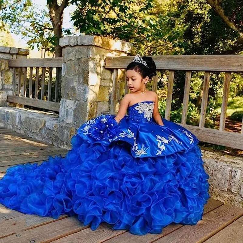 EVLAST Customized Royal Blue Cute Wer Girl For Weddings Applique Beaded Ruffles Pageant Gown First Communion Dress Fd01