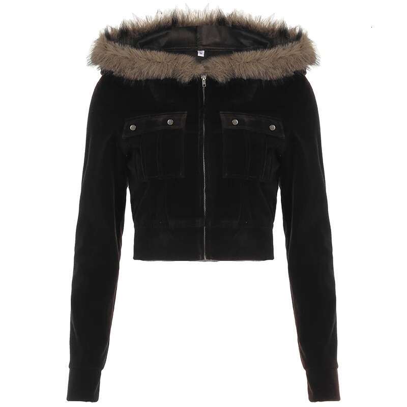CIBBAR y2k Furry ing Hooded Hoodies Vintage 2000s Zip-up Cropped Jackets Women Casual Autumn Outwears Korean Fashion Coats