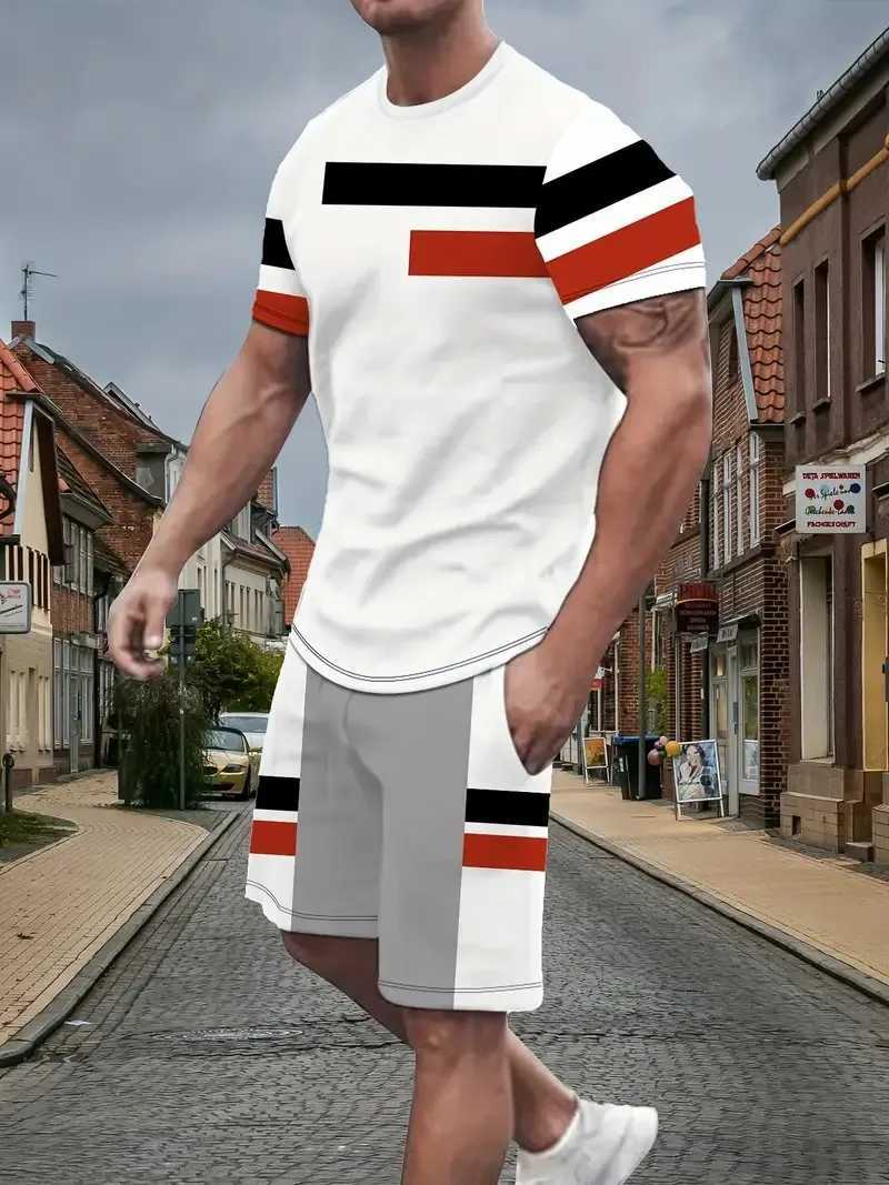 Summer Mens Outdoor Casual T-shirt Two Piece Set Personalized Splicing Color Round Neck Short Sleeve and y2k Shorts SweatshirtXJ250218