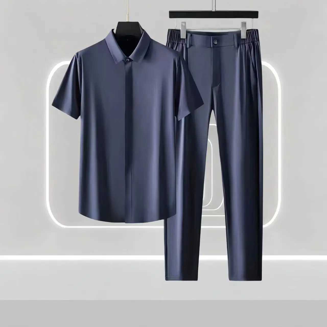 2024 Summer New Mens High end Business No iron Light Luxury Imitation Ice Silk Short sleeved Shirt Set Gentleman Style SetXJ250218