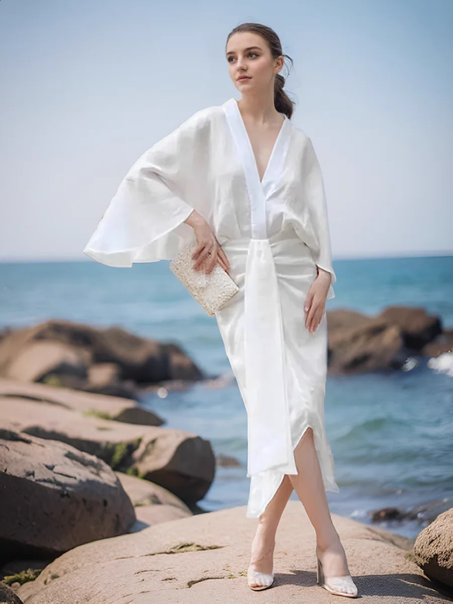 Fashion Solid Pleated Split Midi Dress For Women Elegant V-neck Flare Sleeves Loose Vestidos Summer Chic Vocation Vestidos 250218