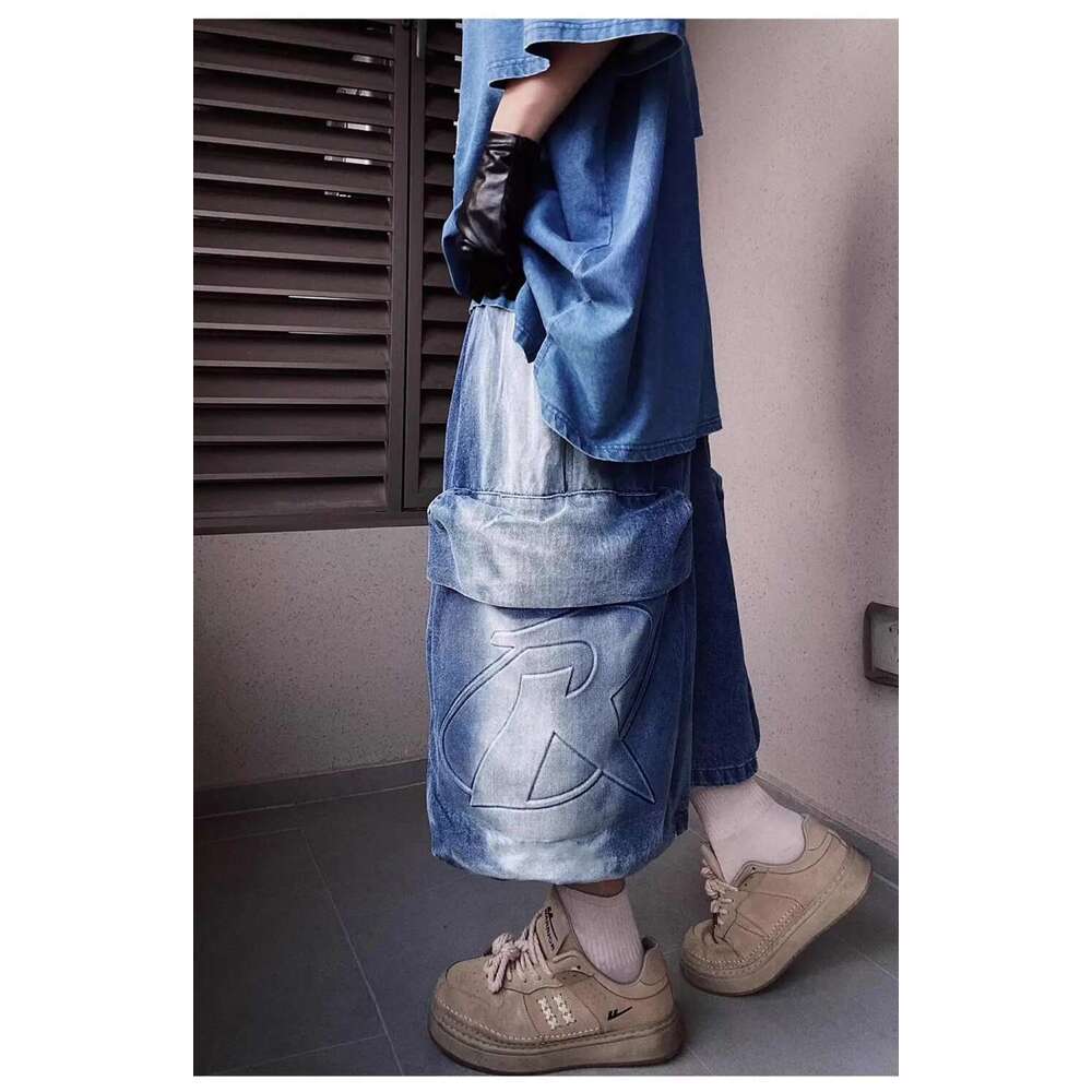 Ripped Shorts Y2k Summer New Mens Loose Retro Hip Hop Wide Leg Sweatpants Oversized Pocket Letter Pattern Denim Gym Shorts Streetwear