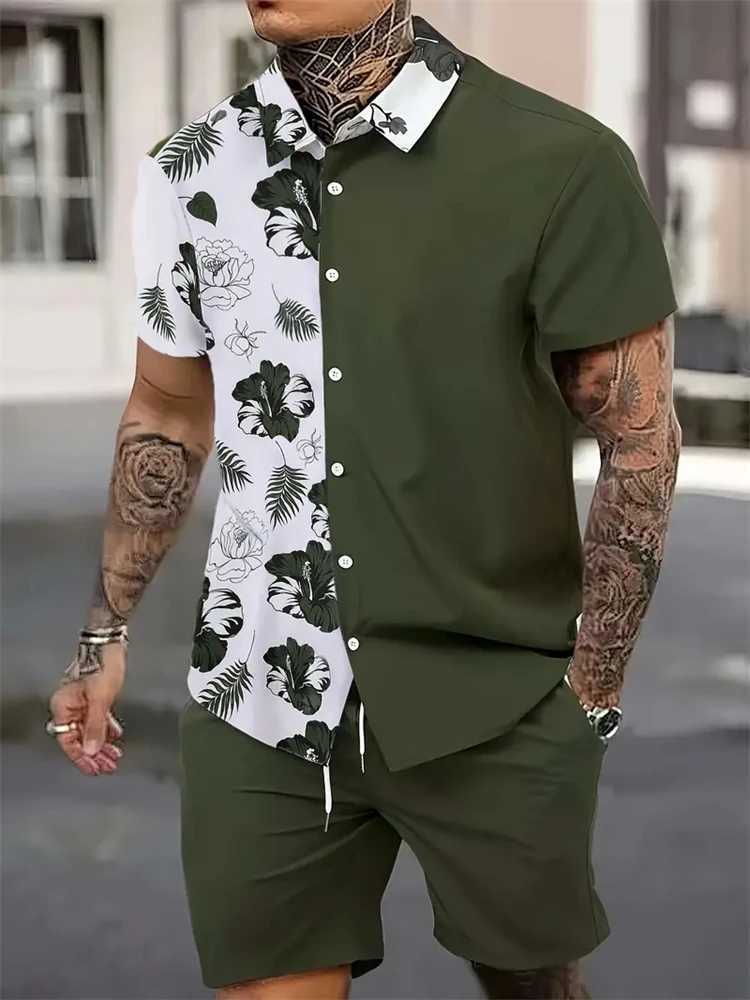 New Fashion Mens Suit Lapel 3D Flower Print Shirt Short Sleeve Casual Beach Shorts Oversized 2-Piece Hawaiian Vacation Men SuitXJ250218