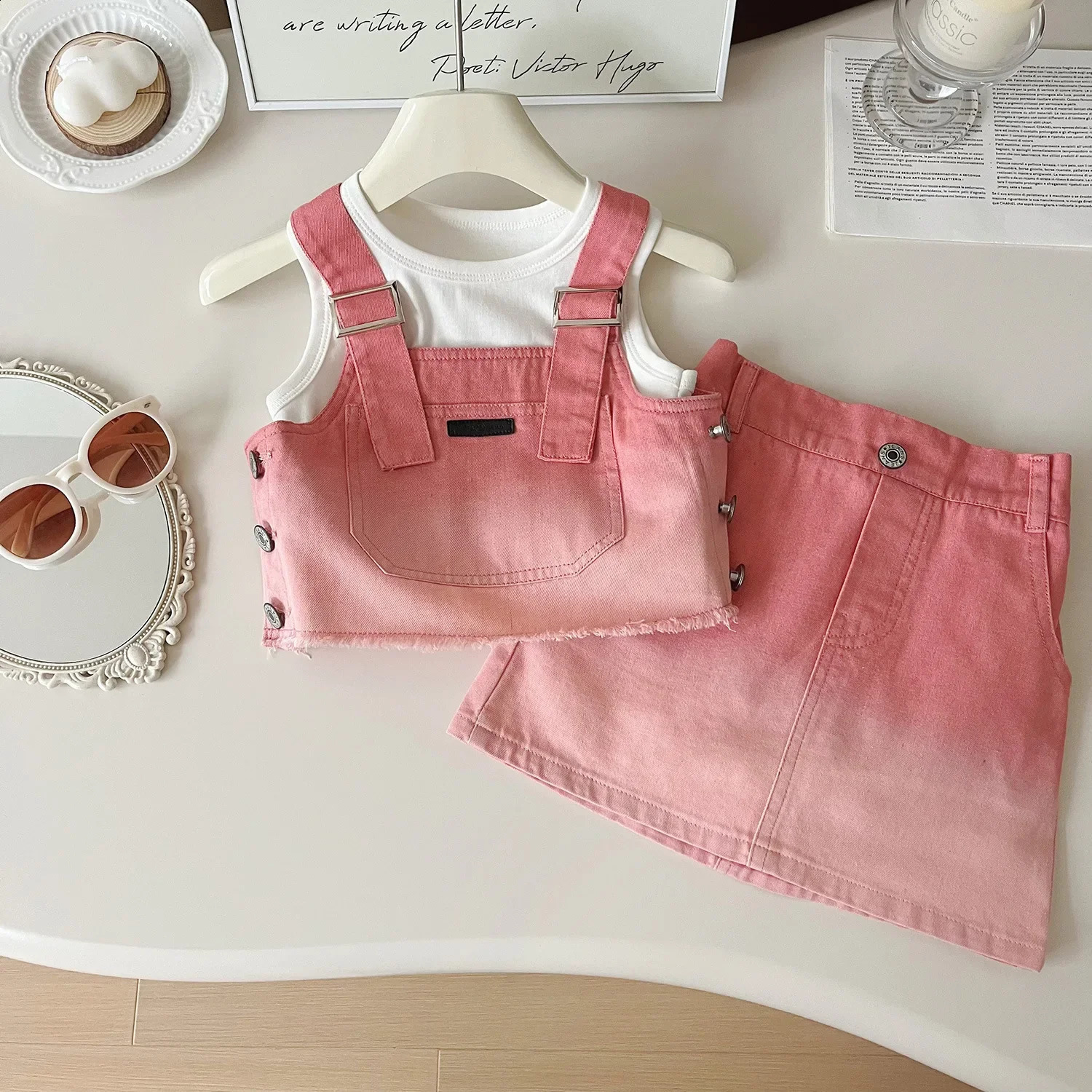 Childrens Sets Summer Korean Girl Jeans 3 Pieces Baby Lovely Simple Fashion 2024 Childrens Clothing Sweet Simple 250218